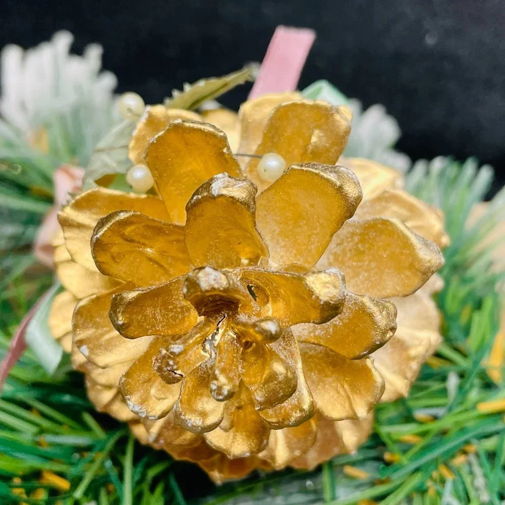 EUC S/6 Gold & White Pine Cones w/Pink Silk Roses, Pink/Green Ribbon, 7 1/2